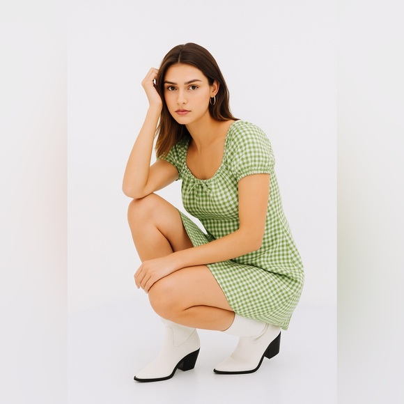 Madewell Jacquard Puff-Sleeve Mini Dress Gingham Check in Faded Palm - Picture 10 of 10